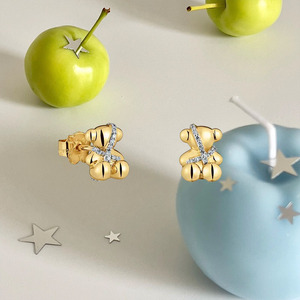 Pendientes de Oso Abstractos de Joyería Fina Touses, Metal Mate y Pulido con Incrustaciones de Circonita Pequeña, Decoración Minimalista de Alta Gama para Orejas - Product Image 5