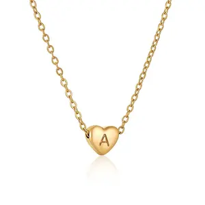 Minimalist 18K Gold Plated Stainless Steel Jewelry Initial kids Alphabet Pendant Small Mini Heart Initial Letter Necklace