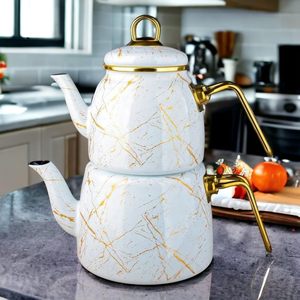 Set <span class=keywords><strong>da</strong></span> Tè Turco Vintage con Teiera Smaltata, Infusore, Tazze e <span class=keywords><strong>Bicchieri</strong></span> per Feste, Design Floreale, Origine Cina (Bianco-Oro) - Product Image 2