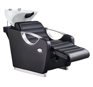 Modern Barbershop Furniture Black Leather <b>Reclining</b> Washing Head Spa <b>Chair</b> Luxury Therapy Shampoo Bed with Ceramic Bowl - Product Image 4