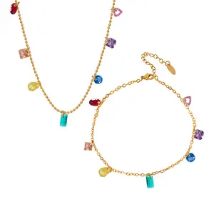 18K Gold Necklace Rainbow Gemstone cubic zirconia pendant necklace gift jewelry Bracelet American diamond necklace sets