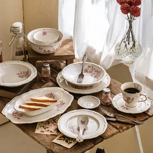 中世纪陶瓷牛排盘菜肴意大利图案沙拉碗北欧红玫瑰婚礼餐具