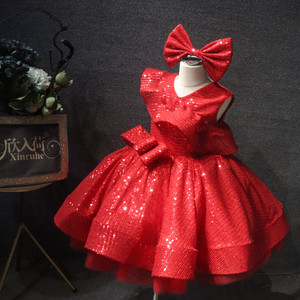 Abito Formale da <span class=keywords><strong>Principessa</strong></span> per Bambine, Rosso Brillante, Lunghezza al Ginocchio, con Paillettes Scintillanti e Dettagli in Perline, 100% Cotone, per Matrimoni e Compleanni - Product Image 1