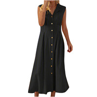 Robe midi élégante et décontractée en lin à col tailleur sans manches boutonnée pour femme – Collection été 2026