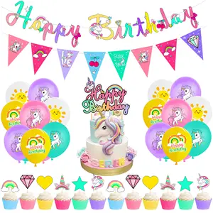 LEMON Cute Unicorn Theme Kids Birthday Party Decorations Supplies Cake Topper Birthday Banner Latex Balloon For Boy Girl