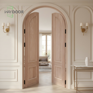 Puerta Exterior de Madera Curvada de Estilo Francés con Líneas Decorativas, Acabado <span class=keywords><strong>en</strong></span> <span class=keywords><strong>Caoba</strong></span> y Roble, Puerta Principal de Madera Maciza Doble con Arco Redondo - Product Image 2