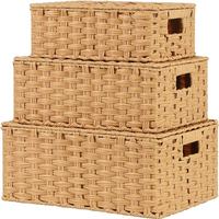 Un ensemble de quatre paniers de rangement tissés à la main, économiques, avec couvercles et poignées, adaptés aux salons, salles de bain et cuisines