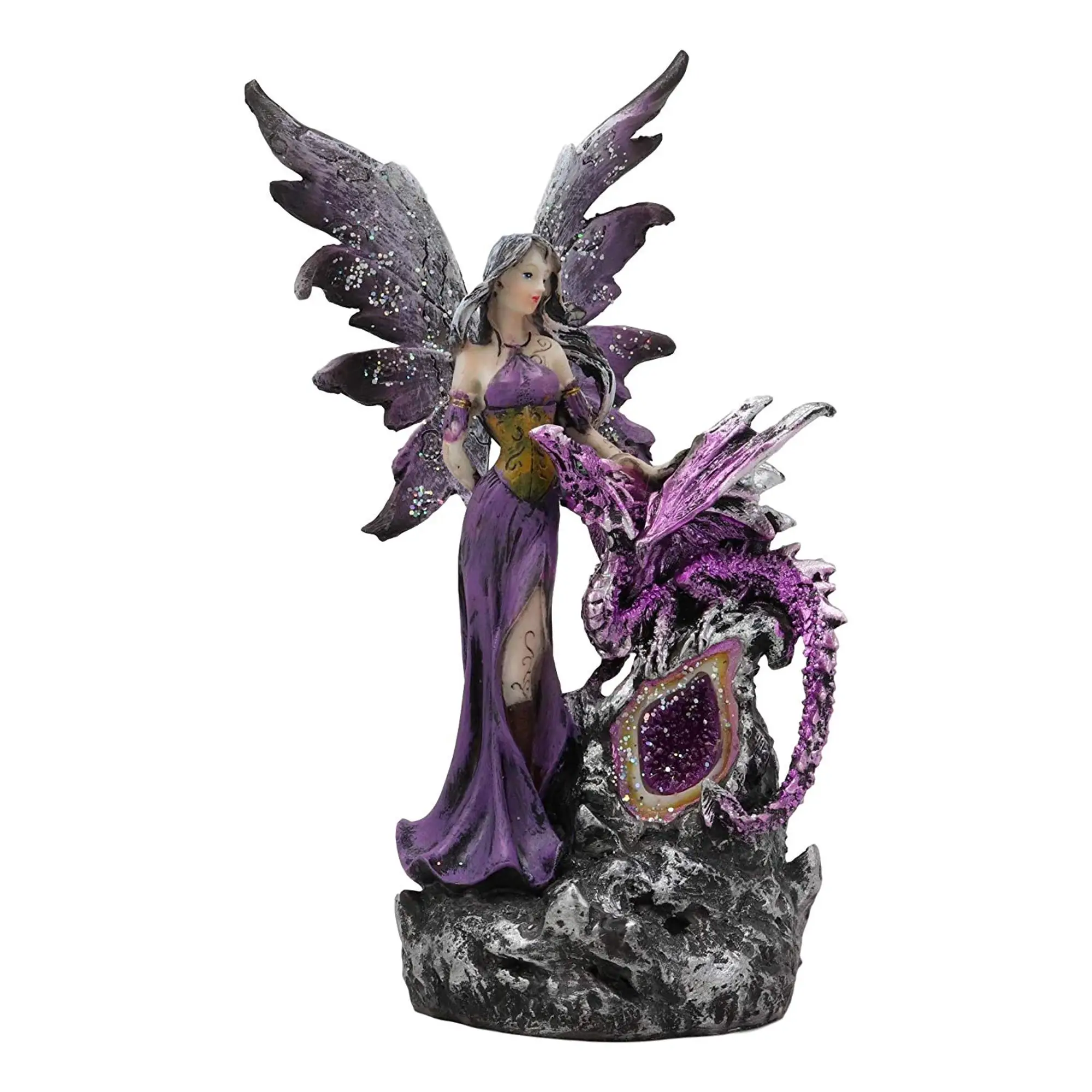 Customized Home Decor Wholesale Handmade Mini Beautiful Resin Fairy Figurines Purple Fairy Sitting atop Dragon Figurine