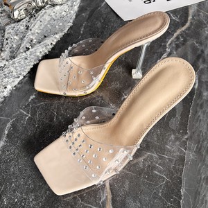 Sandales à talons hauts pour femme, transparentes en PVC, ornées de strass, à bout ouvert, style mule, talon aiguille en acrylique - Product Image 6