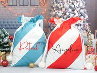 Sacs de Noël personnalisés à rayures avec pompons, en toile, grand sac de Noël, sac cadeau de Noël pour enfants, sac de Noël à rayures avec pompons