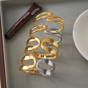 Geometric Stainless Steel <b>Bangle</b> Double Layer Spring Opening Unisex Jewelry Fashion <b>Bracelet</b> Gold <b>Silver</b> Color - Product Image 3