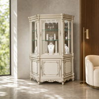 Vitrine à bijoux de style baroque français, vitrine hexagonale en verre avec éclairage LED intégré, cadre en or blanc ivoire