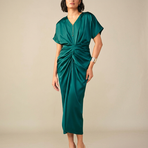 <b>Emerald</b> Green Satin Sheath Gown V Neck Ruched Bodycon Mid-Calf <b>Dress</b> Short Sleeve Breathable Eco-Friendly Formal Party Wear - Product Image 4