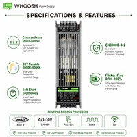 Driver LED sans ventilateur WHOOSH DALI dimmable 300W 24V 12.5A IP20 pour éclairage intérieur commercial, bureaux et hôtels