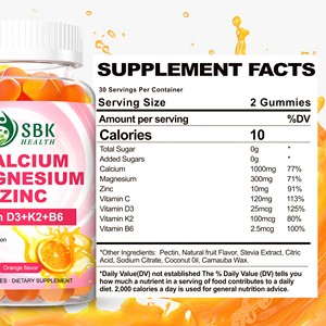Gummies Calcium Magnésium Zinc D3 K2 B6 saveur Orange, 60 unités, Complément Alimentaire, Meilleures Ventes - Product Image 2