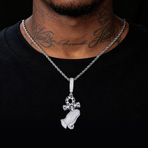 Bijoux spirituels en argent sterling 925 non ternissant, avec diamant Moissanite <span class=keywords><strong>de</strong></span> laboratoire, entièrement serti, pendentif main <span class=keywords><strong>de</strong></span> prière et croix Ankh pour hommes et femmes - Product Image 4