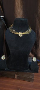92.5 sterling silver Hasli necklace set features a gold-plated multi-layer design pendant central green <b>emerald</b> stone set - Product Image 2