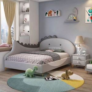 Modern Children's Bed with <b>Dinosaur</b> Design Sturdy <b>Wooden</b> Frame Comfortable Soft Padded Headboard Full Size for Baby Kids Bedroom - Product Image 2