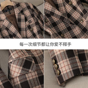 Traje de Lana de 2 Piezas para Mujer, Elegante y Sencillo, <span class=keywords><strong>Blazer</strong></span> a <span class=keywords><strong>Cuadros</strong></span> Marrón y Azul Marino con Falda de Cintura Alta y Decoración de Botones, Formal e Informal - Product Image 5