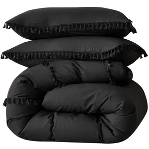 Chic Farmhouse Boho Tassel Fringed Tufted Black Duvet Cover Bedding Sets Comforter Cover with Pillowcase