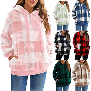 Custom OEM <b>Women</b> Checkered <b>Teddy</b> <b>Hoodie</b> Winter Warm Fluffy Fleece Pullover Oversized Plaid Quarter Zip <b>Hoodie</b> Sweatshirt2024 Aut - Product Image 2