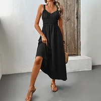 Robe midi décontractée pour femmes, couleur unie, sans manches, disponible en noir, rouge, café, marron, bleu, polyester, ODM, vente en gros, faible MOQ