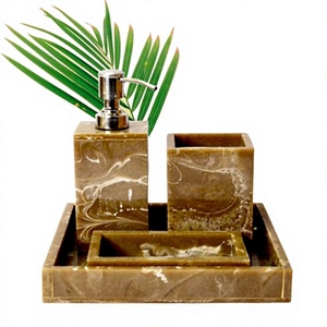 Modern White Swirl Resin Waterproof Luxury Rectangle Bathroom Accessories Set 4 Piece <b>Soap</b> <b>Dispenser</b> <b>Toothbrush</b> <b>Holder</b> HASAN - Product Image 1