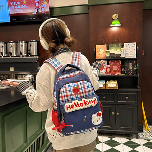 Retro Plaid <b>Backpack</b> Female College Student Cute Cartoon <b>Cat</b> Bag Casual Large Capacity Lightweight School Bag Wholesale - Product Image 1