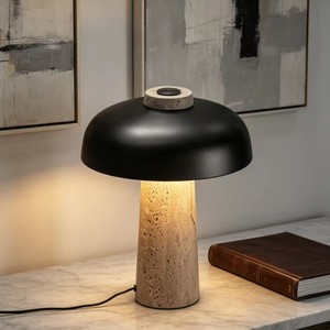 Lámpara de Mesa Negra de Estilo Nórdico Retro, Base de Travertino Natural, E27 LED, Luz de Noche para Dormitorio, Iluminación Ambiental Decorativa de Lujo - Product Image 1