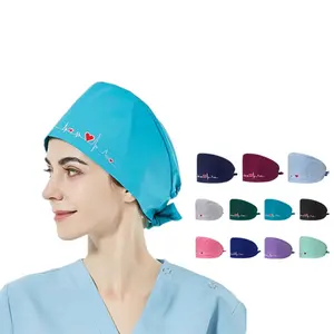 Hospital Medical Doctor Nurse Custom Logo Cotton Scrub Cap Surgical Women Embroidery Logo Adjustment Scrub Hat With Band Round