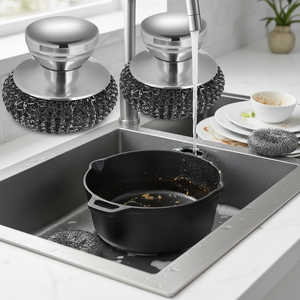 Set di 2 Spugne in Lana d'Acciaio Inossidabile con Manico in Acciaio per Pulire Piatti e Pentole in Ghisa - Spugne e Pagliette Abrasive - Product Image 3