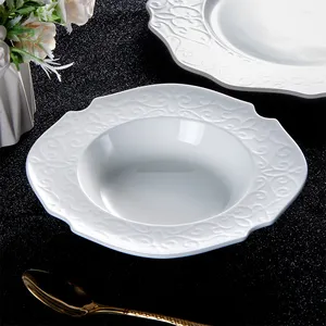 Royal Ware Embossed Rim Flower Shape Porcelain White Bone China Catering Dish Soup Plate Set Restaurant Ceramic Dinner Plate Set