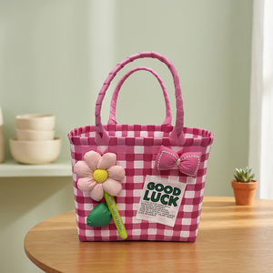 Bolsa de Mano Tipo Canasta para Niñas, Tejida, Colorida, con Bordado de Dibujos Animados en Dos Tonos, para Niños, para el Mercado, para Acampar - Product Image 2