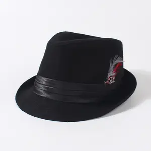 Retro Unisex Wool Felt Jazz Derby Trilby Hat Ribbon Feathers Band Crown Teardrop Shape Cap Men's Fedora Hat