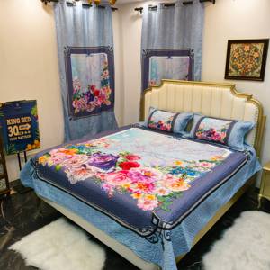 Lot de 5 Pièces : Parure de <span class=keywords><strong>Lit</strong></span> Matelassée Ultrasonique avec Rideaux Assortis, Motif Floral, Taille King Size - Product Image 4