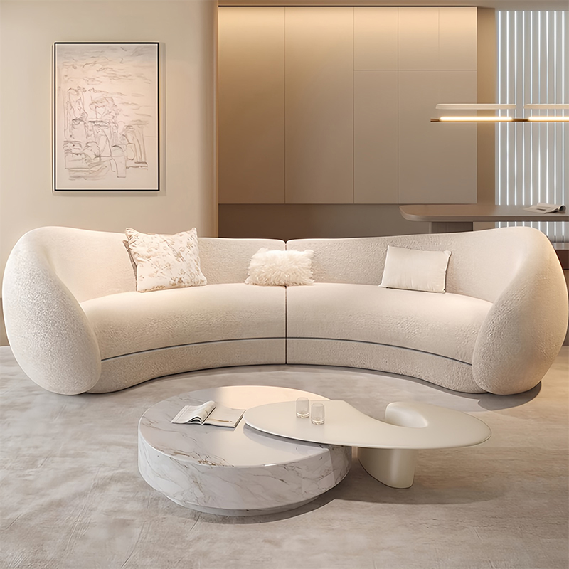 Modern Cream Semi-Circular Sofa – Designer Moon-Shaped Lamb Velvet Couch with Soft Sponge Filling for Living Room & Lounge - View 2