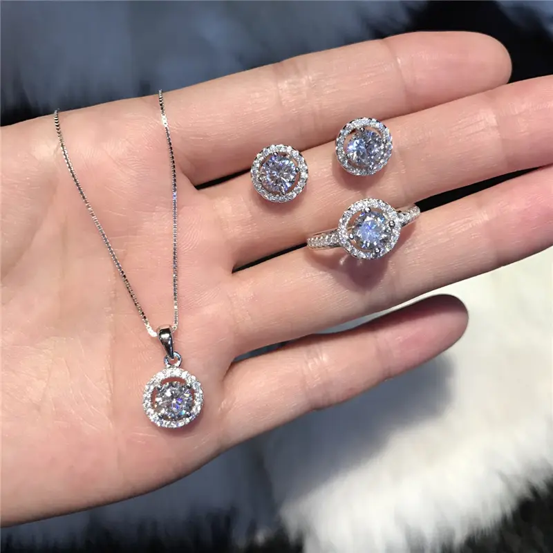 Penjualan Laris 925 Murni Perak Kalung Anting Cincin Set Perhiasan Berlian Pengantin Zirconia Set Perhiasan Pernikahan untuk Wanita