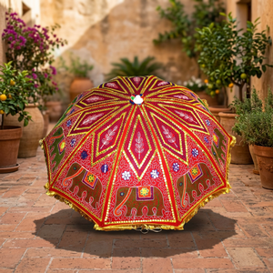 Parasol de jardin extérieur rose avec broderie d'éléphant, miroir intégré, structure en aluminium, pour la décoration de la maison et du patio - Product Image 3
