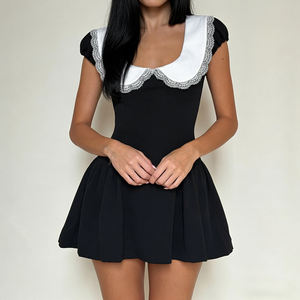 Vestido con cuello Peter Pan, encaje, patchwork, colores contrastantes, diseño dulce con cintura entallada, línea A, minifalda elegante estilo francés - Product Image 3