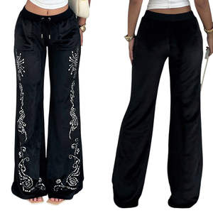 Pantalons tendance 2025 en velours avec motif floral en strass, fermeture à cordon de serrage, séchage rapide, taille basse, jambes évasées, joggers pour femmes | - Product Image 1