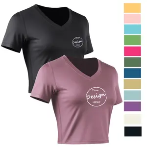 Custom V Neck Plain Cropped Gym Sportswear Fitted Tee Quick Dry Womens Fitness Fit T Shirts Ladies Crop Tops Tshirt For Women