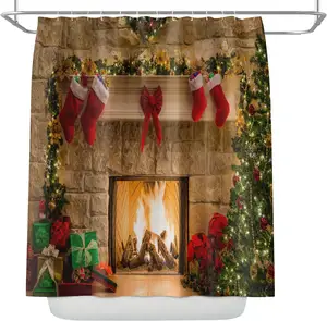 厂家价格防水浴帘3D淋浴房窗帘供应商卡通圣诞印花带环