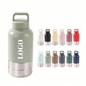Bouteille d'eau portable pour animaux de compagnie 3 en 1 avec logo personnalisé, 32 oz, en acier inoxydable, avec 2 bols amovibles pour les voyages et le camping - Product Image 1