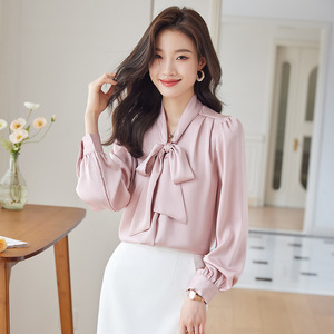 Women's White Long Sleeve Blouse With Ribbon Bow Solid Color Work Shirt For Office Commute - Product Image 2