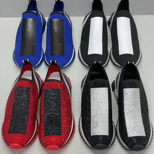 Zapatillas de Diseñador para Hombre, Zapatillas Deportivas Negras y Blancas con Brillo, Entresuela de Gel Plana, Forro de Cuero Genuino con Cristales de Imitación, Caja - Product Image 1
