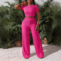 Conjunto de Dos Piezas de Punto Arrugado Sólido para Mujer, Camiseta Corta de Manga Corta, Pantalones Acampanados de Cintura Alta Elástica, Conjunto Deportivo para Diario y Vacaciones