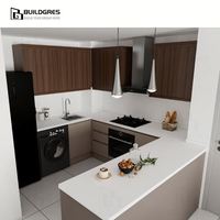 Meubles de cuisine modernes modulaires en bois ignifuges en forme de U bicolores, intégrés multi-appareils, avec îlot compact