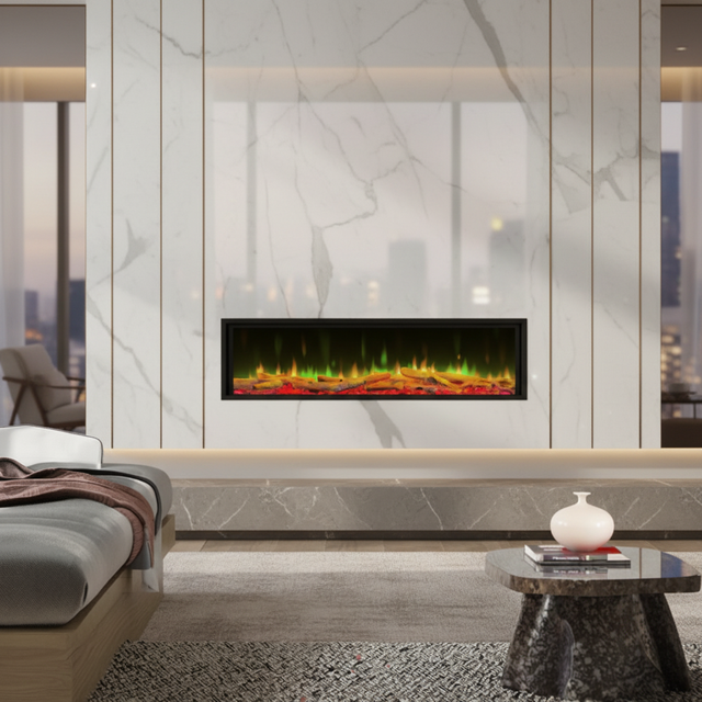 Wall-Mounted 3-Sided Electric Fireplace Multicolor Flame Customizable Logo Remote App Control Adjustable Thermostat