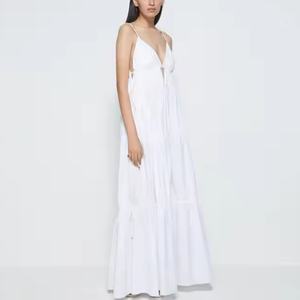 Vestido Largo de Lino de Alta Calidad Estilo Vacacional con Tirantes Finos, Escote Halter Profundo, Tallas Grandes, Corte A, para Mujer - Product Image 3