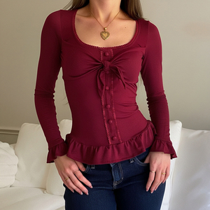 T-shirt à manches longues col U, plissé à volants et nœud, style bustier, coupe ajustée, style doux et épicé, Pure Desire, haut de base - Product Image 1